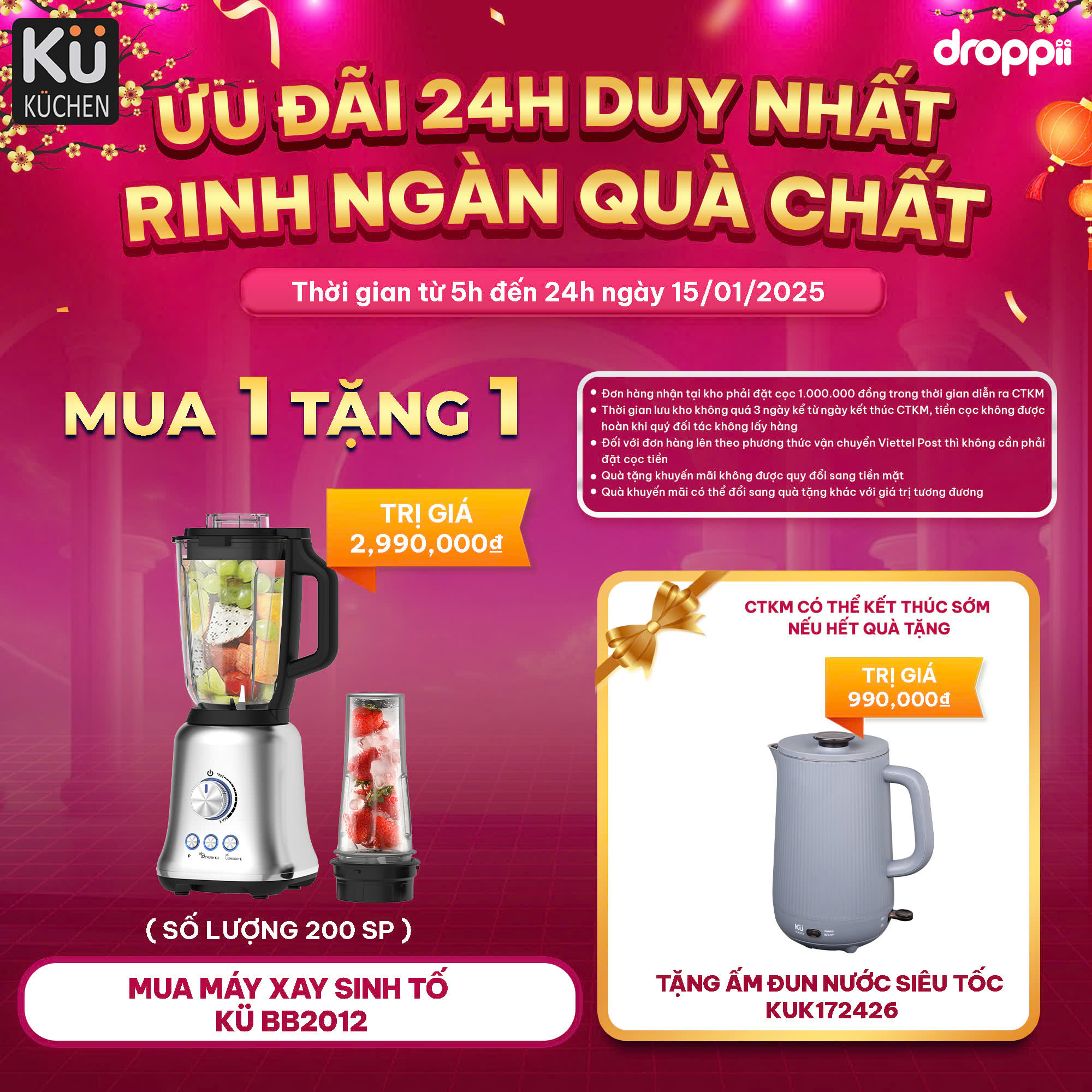 Máy xay sinh tố cao cấp bảng điều khiển nhiều cấp độ xay,hệ thống cảm ứng báo hiệu an toàn,động cơ 800W Kuchen KU BB2012